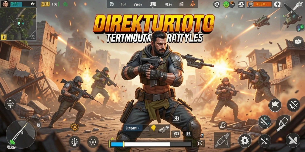 Screenshot utama menunjukkan pertempuran intens dalam game Battle Royale.