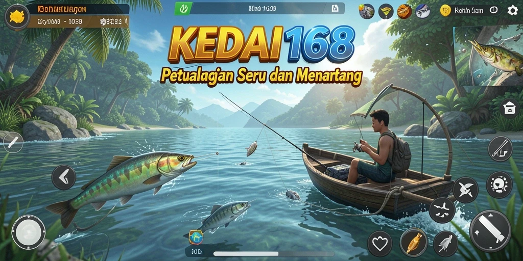 Tampilan gameplay KEDAI168 dengan pemandangan memancing yang indah.