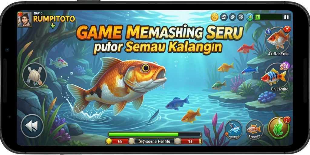Screenshot gameplay RUMPITOTO dengan aksi memancing yang seru.