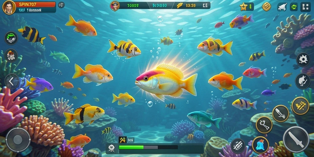 Tampilan gameplay SPIN707 dengan ikan dan senjata menembak yang memukau.