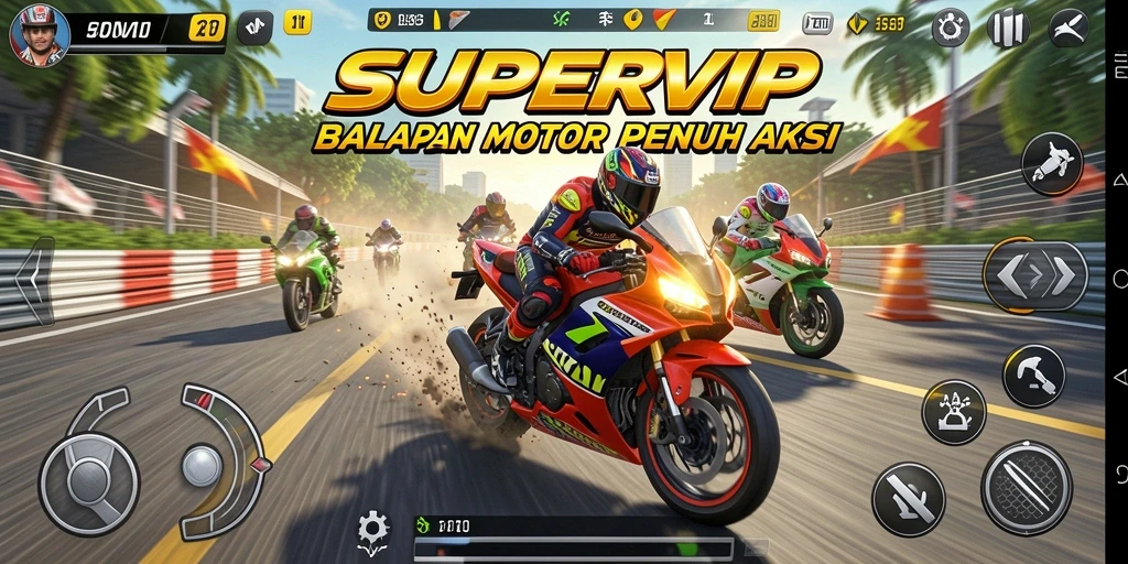 Tangkapan layar gameplay menunjukkan aksi balapan motor yang mendebarkan.